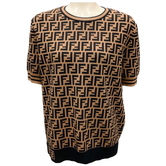 FENDI TOBACCO / BLACK FF LOGO ZUCCA PATTERN SHORT SLEEVED KNIT PULLOVER SWEATER - Picture 1 of 6